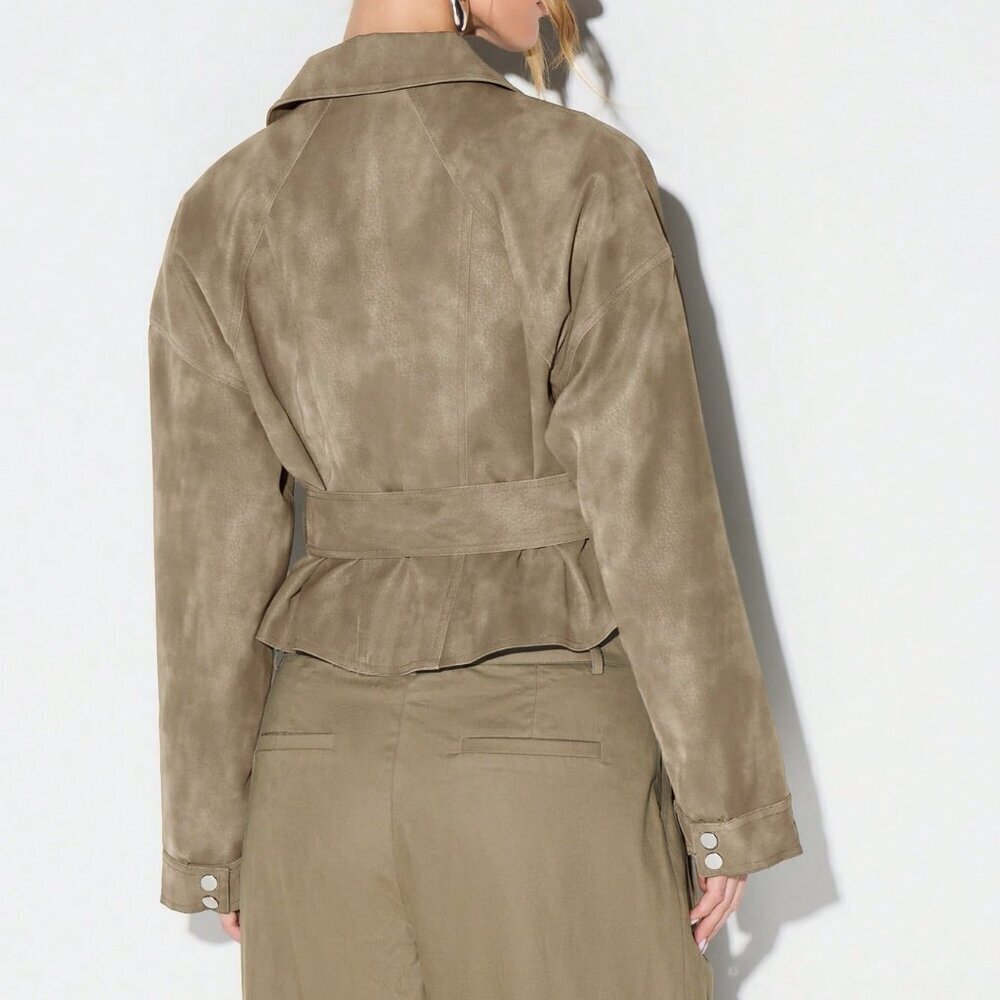 Brown Casual Women's Cropped Biker Suedette Jacket - Picture 2 of 8